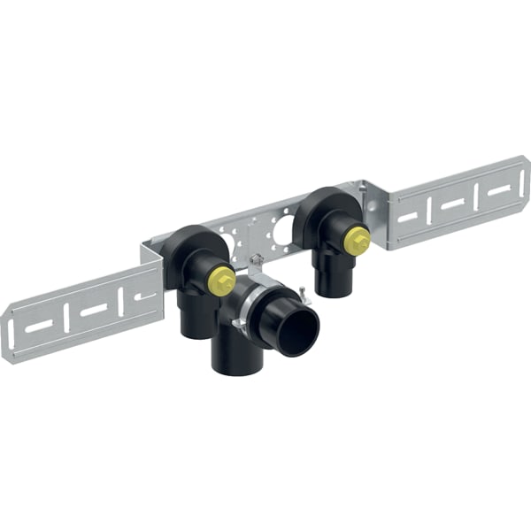 Geberit FlowFit Anschlusswinkel 90° vormontiert, zweifach, gedämmt aus Bronze mit Ablaufrohr-
schelle und Anschlussbogen