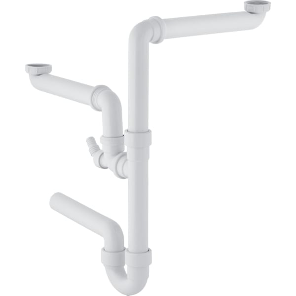 Geberit Rohrbogengeruchsverschluss für zwei versetzte Spülbecken, mit Winkelschlauchtülle, Abgang horizontal: d=50mm, G=1 1/2″, weiß-alpin