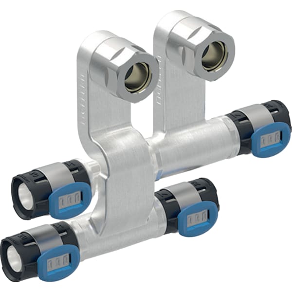 Geberit FlowFit Set Anschluss-T-Stücke für Vor- und Rücklauf, mit Anschlussverschraubung für Eurokonus: Werkstoff=Bleifreie Siliziumbronze (CuZn21Si3P), d=20mm, d1=15mm, vernickelt