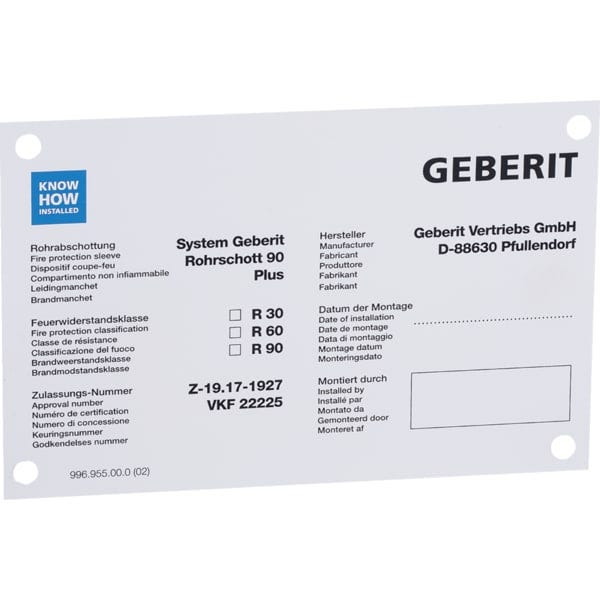 Geberit Hinweisschild für Rohrschott90 Plus