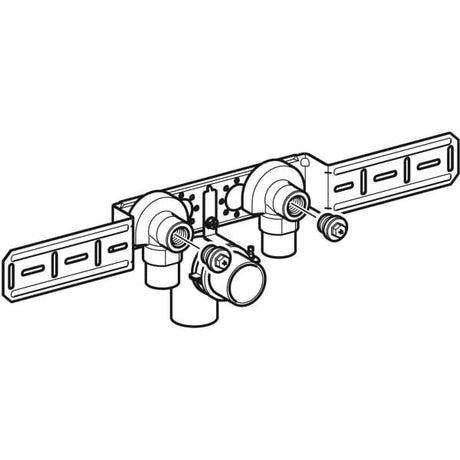 Geberit FlowFit Anschlusswinkel 90° vormontiert, zweifach, gedämmt aus Bronze mit Ablaufrohr-
schelle und Anschlussbogen