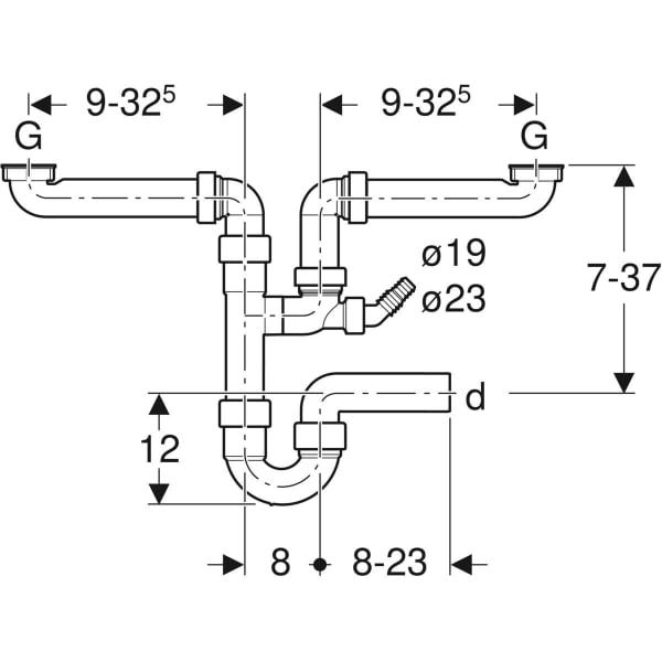 Geberit Rohrbogengeruchsverschluss für zwei versetzte Spülbecken, mit Winkelschlauchtülle, Abgang horizontal: d=50mm, G=1 1/2″, weiß-alpin