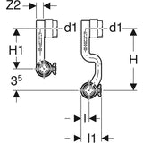 Geberit FlowFit Set Anschluss-T-Stücke für Vor- und Rücklauf, mit Anschlussverschraubung für Eurokonus: Werkstoff=Bleifreie Siliziumbronze (CuZn21Si3P), d=20mm, d1=15mm, vernickelt