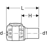 Geberit FlowFit Übergang auf Geberit Mapress mit Einschubende, Werkstoff Edelstahl CrNiMo-Stahl 1.4401 (DIN EN 10088)