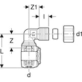 Geberit FlowFit Übergangswinkel 90° mit Klemmringverschraubung: Werkstoff=Bleifreier Rotguss (CuSn4Zn2PS), d=16mm, d1=15mm