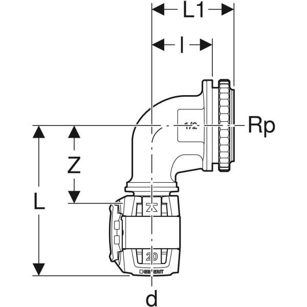 Geberit FlowFit Anschlusswinkel 90° für UP-Spülkasten, Werkstoff bleifreier Rotguss, Form rechtwinklig, Pressmuffe mit Gewinde 1/2 Zoll