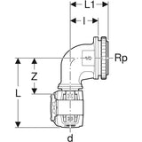 Geberit FlowFit Anschlusswinkel 90° für UP-Spülkasten, Werkstoff bleifreier Rotguss, Form rechtwinklig, Pressmuffe mit Gewinde 1/2 Zoll