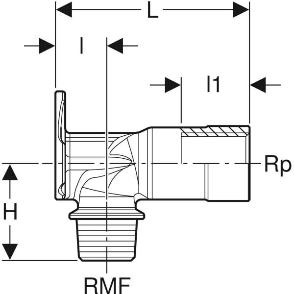 Geberit Anschlusswinkel 90° mit Außengewinde MF 1/2": CC499K, RMF=1/2″, Rp=1/2″, L=5.7cm