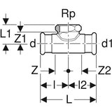 MAPRESS Kupfer Gas T-Stück, 90°; Pressmuffe x Innengewinde zylindrisch BSPT-Rp (ISO 7-1 / EN 10226-1) x Pressmuffe