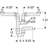 Geberit Rohrbogengeruchsverschluss für zwei versetzte Spülbecken, mit Winkelschlauchtülle, Abgang horizontal: d=50mm, G=1 1/2″, weiß-alpin