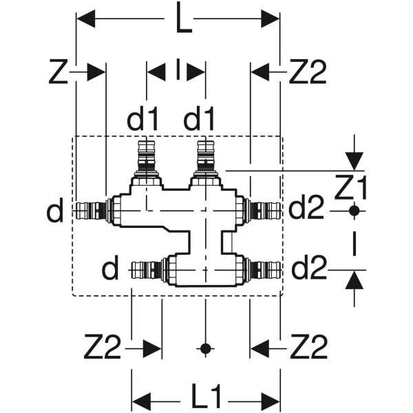 Geberit Mepla Kreuzungs-T-Stück mit Dämmbox: CW617N, d=20mm, d1=16mm, d2=20mm