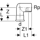 MAPRESS Edelstahl G Pressfitting Übergangswinkel mit 90°-Bogen (Gas), Pressmuffe zu Innengewinde zylindrisch BSPT-Rp