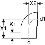Geberit PE Bogen 90° reduziert, mit langem Schenkel und kleinem Radius: 90°, d=56mm, d1=50mm