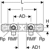 Geberit Anschlusswinkel 90° mit Außengewinde MF 1/2", vormontiert, zweifach: CC499K, RMF=1/2″, Rp=1/2″, L1=5.2cm, AD=15.3cm