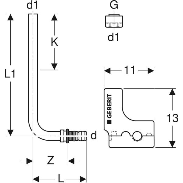 Geberit Mepla Metallrohr-Anschlussbogen 90° mit Dämmbox und Anschlussverschraubung für Eurokonus: Werkstoff=Messing / Kupfer, d=16mm, d1=15mm, L1=30cm, vernickelt
