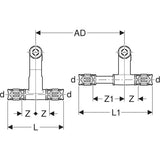 Geberit FlowFit Set Anschluss-T-Stücke für Vor- und Rücklauf, mit Anschlussverschraubung für Eurokonus: Werkstoff=Bleifreie Siliziumbronze (CuZn21Si3P), d=20mm, d1=15mm, vernickelt