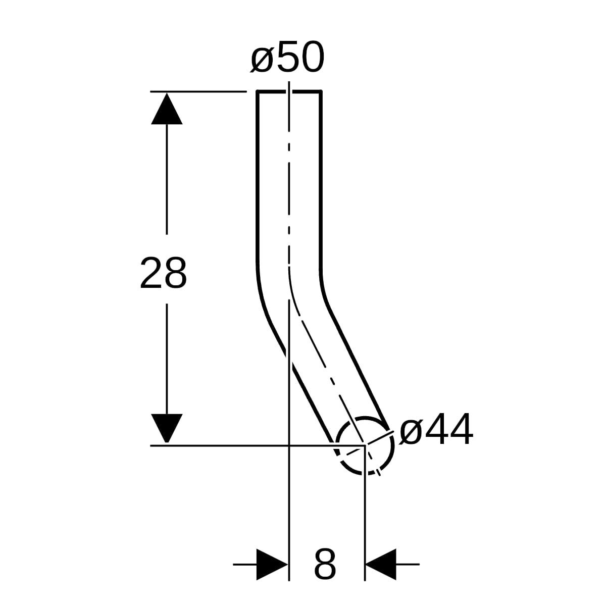 Spülbogen 90° mit 50 mm Zulauf und 44 mm Ablauf, Kröpfung rechts