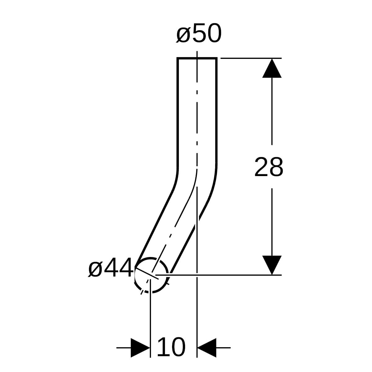 Spülbogen 90° mit 50 mm Zulauf und 44 mm Ablauf, Kröpfung rechts