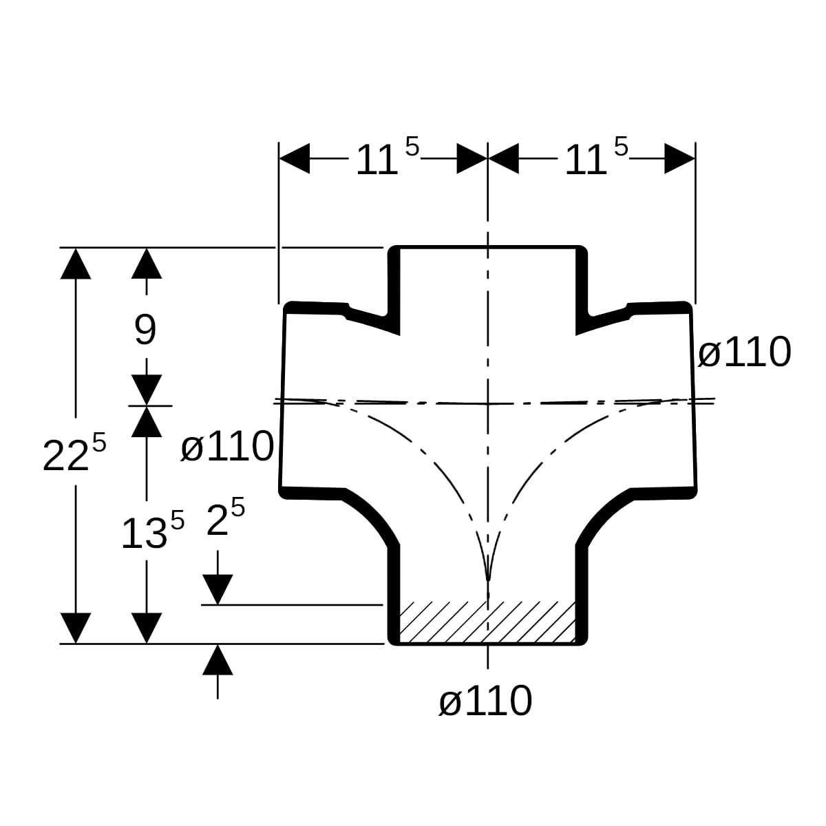 GEBERIT db20 Bogenabzweig zweif. 88,5/180 Grad, DN 90 (d 90 mm)