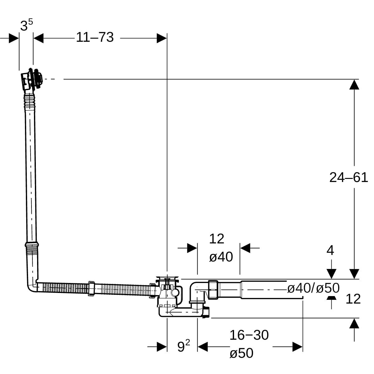 Geberit Badewannenablauf mit Drehbetätigung mit Überlauf und Ablaufventil, DN 40, d=40/50 mm