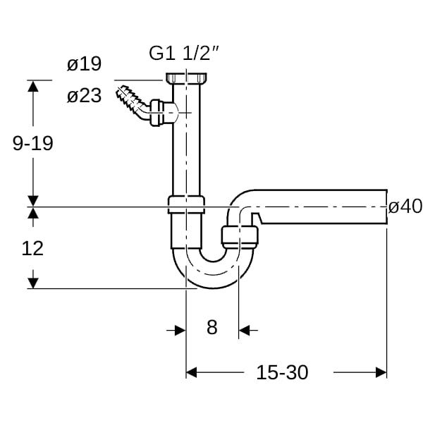 Geberit Rohrbogengeruchsverschluss für Spülbecken, mit Winkelschlauchtülle, Abgang horizontal: G=1 1/2″, weiß-alpin