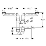 Geberit Rohrbogengeruchsverschluss für zwei versetzte Spülbecken, mit Winkelschlauchtülle, Abgang horizontal: d=50mm, G=1 1/2″, weiß-alpin