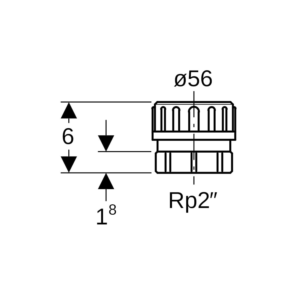 Geberit PE Übergangsstutzen mit Innengewinde und Quetschverschraubung: d=56mm, Rp=2″
