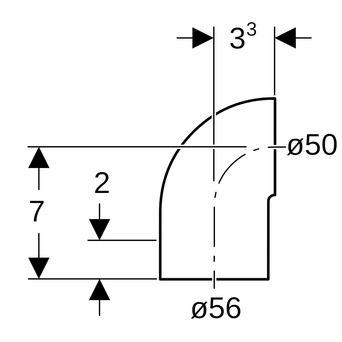 Geberit PE Bogen 90° reduziert, mit langem Schenkel und kleinem Radius: 90°, d=56mm, d1=50mm
