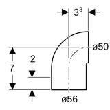 Geberit PE Bogen 90° reduziert, mit langem Schenkel und kleinem Radius: 90°, d=56mm, d1=50mm