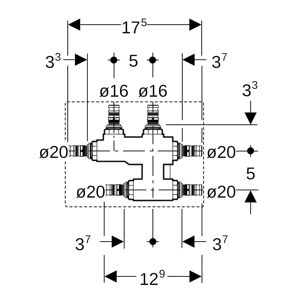 Geberit Mepla Kreuzungs-T-Stück mit Dämmbox: CW617N, d=20mm, d1=16mm, d2=20mm
