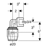 Geberit PushFit Übergangsbogen 90° mit Innengewinde: CC499K, d=20mm, Rp=3/4″