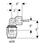 Geberit PushFit Übergangswinkel 90° mit Innengewinde: CW617N, d=16mm, Rp=1/2″