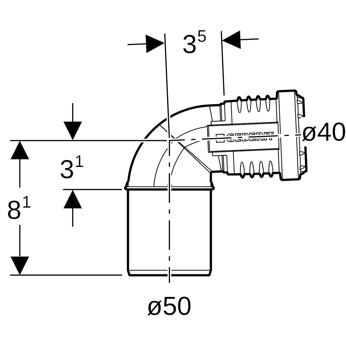 Geberit Silent-PP Bogen 87,5° reduziert: d=40mm, d1=50mm