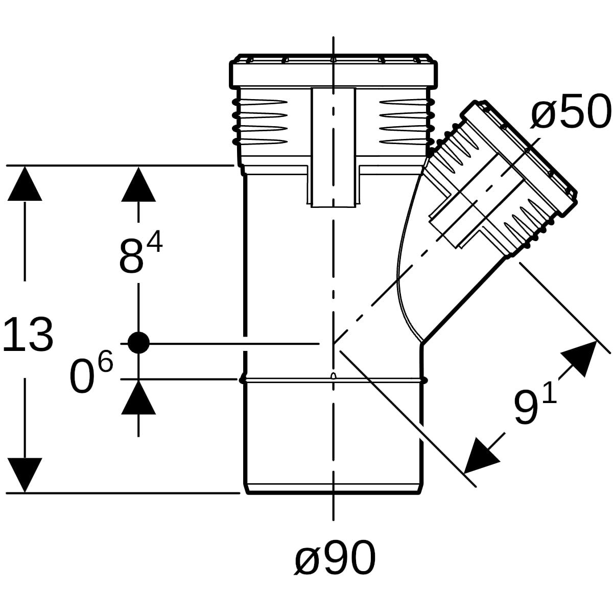 Geberit Silent-PP Abzweig 45°: d=90mm, d1=50mm