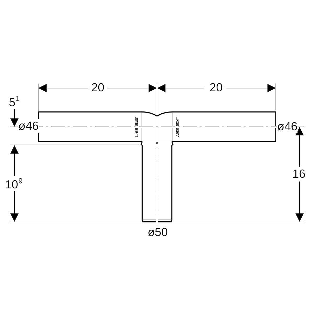 Geberit Silent-PP Doppelanschlussbogen 90° verlängert: d=50mm, d1=46mm, d2=46mm
