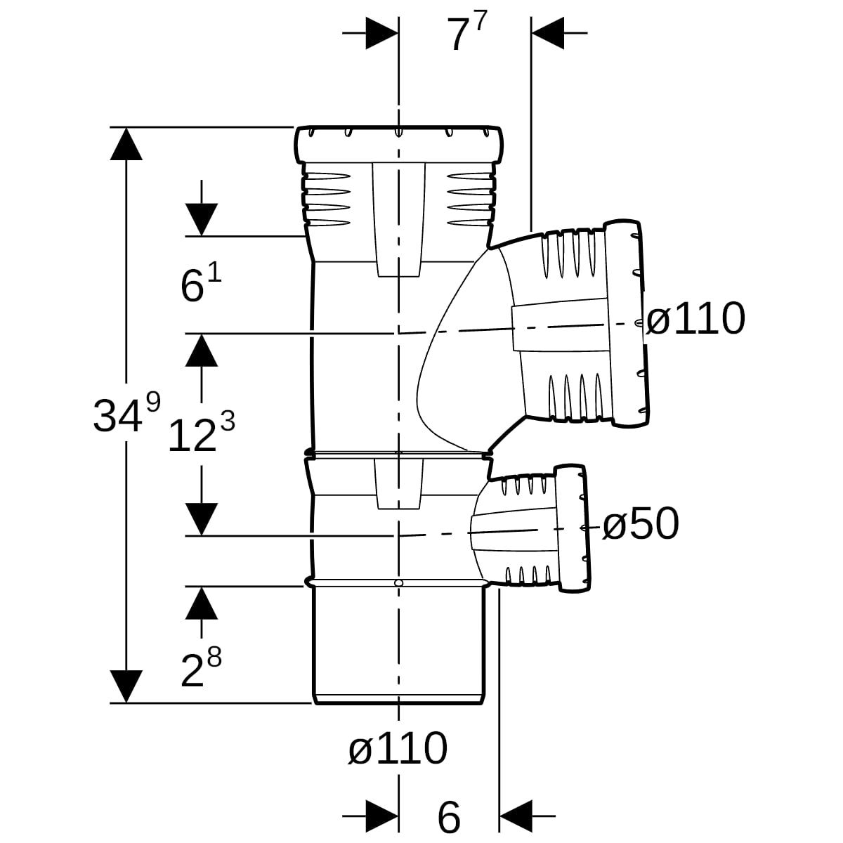Geberit Silent-Pro Kombibogenabzweig 87,5Grad, Schiebeende, 4-Anschluss-Fitting