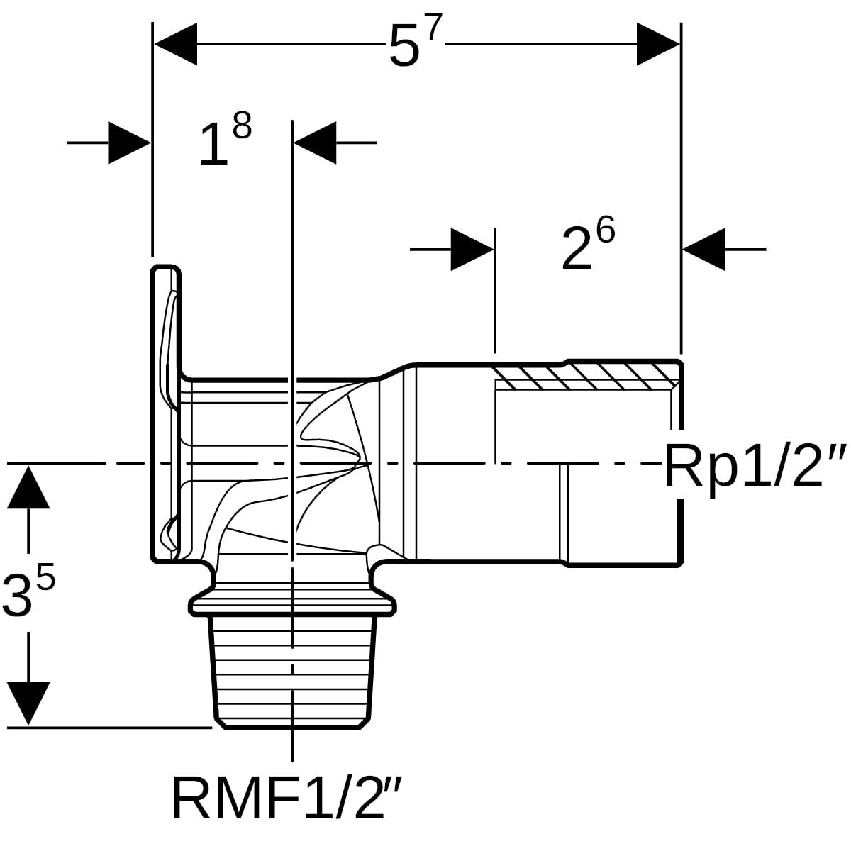 Geberit Anschlusswinkel 90° mit Außengewinde MF 1/2": CC499K, RMF=1/2″, Rp=1/2″, L=5.7cm