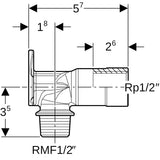 Geberit Anschlusswinkel 90° mit Außengewinde MF 1/2": CC499K, RMF=1/2″, Rp=1/2″, L=5.7cm