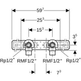 Geberit Anschlusswinkel 90° mit Außengewinde MF 1/2", vormontiert, zweifach: CC499K, RMF=1/2″, Rp=1/2″, L1=5.2cm, AD=15.3cm