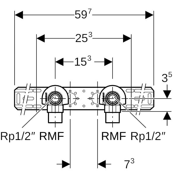 Geberit Anschlusswinkel 90° mit Außengewinde MF 1/2", vormontiert, zweifach: CC499K, RMF=1/2″, Rp=1/2″, L1=5.2cm, AD=15.3cm