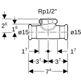 MAPRESS Kupfer Gas T-Stück, 90°; Pressmuffe x Innengewinde zylindrisch BSPT-Rp (ISO 7-1 / EN 10226-1) x Pressmuffe