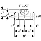 MAPRESS Kupfer Gas T-Stück, 90°; Pressmuffe x Innengewinde zylindrisch BSPT-Rp (ISO 7-1 / EN 10226-1) x Pressmuffe