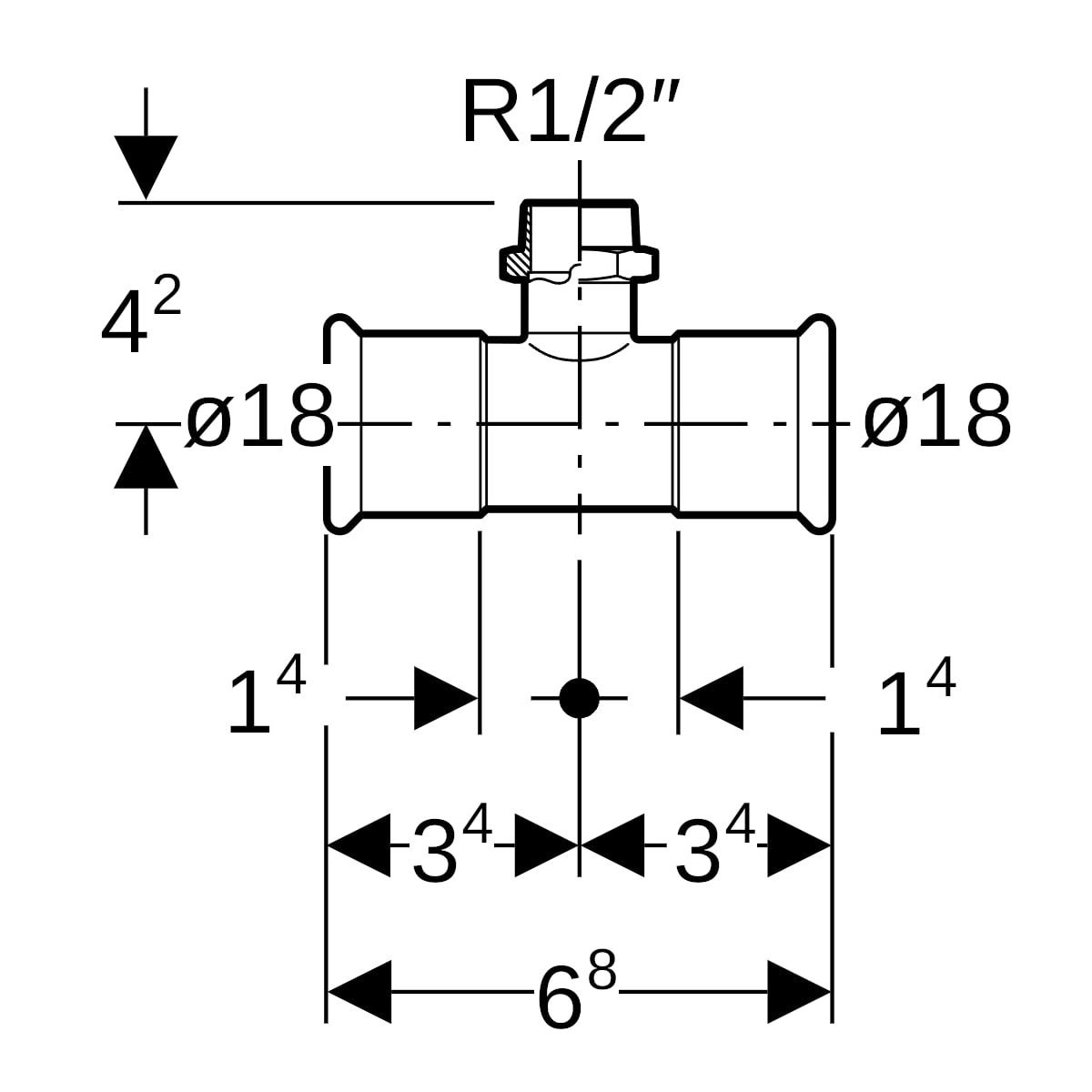 Geberit Mapress Edelstahl T-Stück mit Außengewinde: d=18mm, R=1/2″, d1=18mm