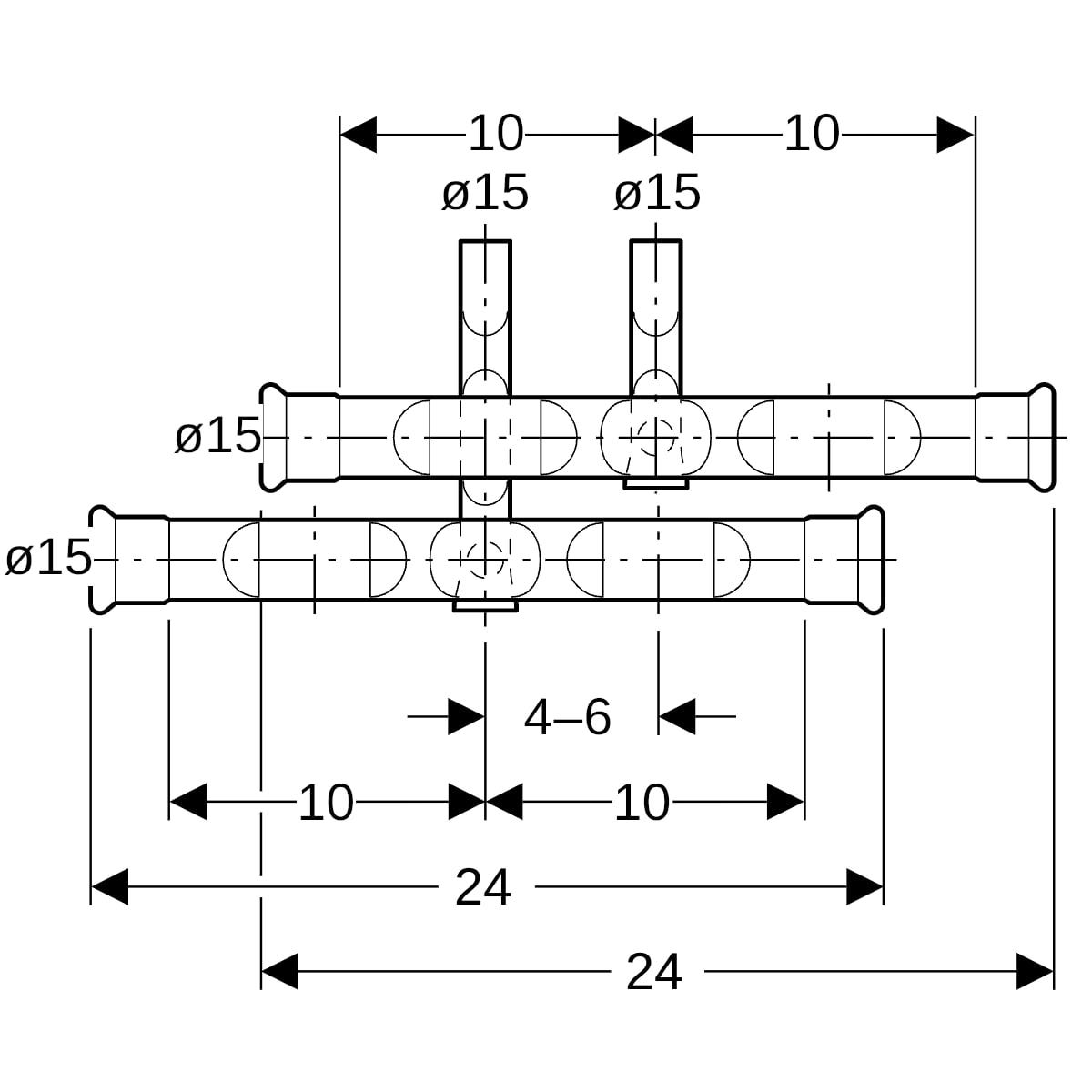 Geberit Mapress C-Stahl Set Anschluss-T-Stück für Vor- und Rücklauf für Heizung und Kühlung, Sockelleistensysteme, Stahl unlegiert, Form Abzweig, 90° Winkel, unbehandelt