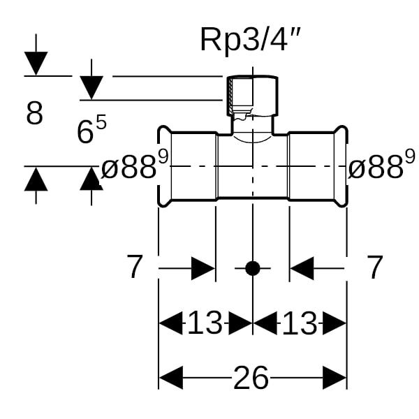 C-Stahl T-Stück mit Innengewinde und Pressmuffe, 90°