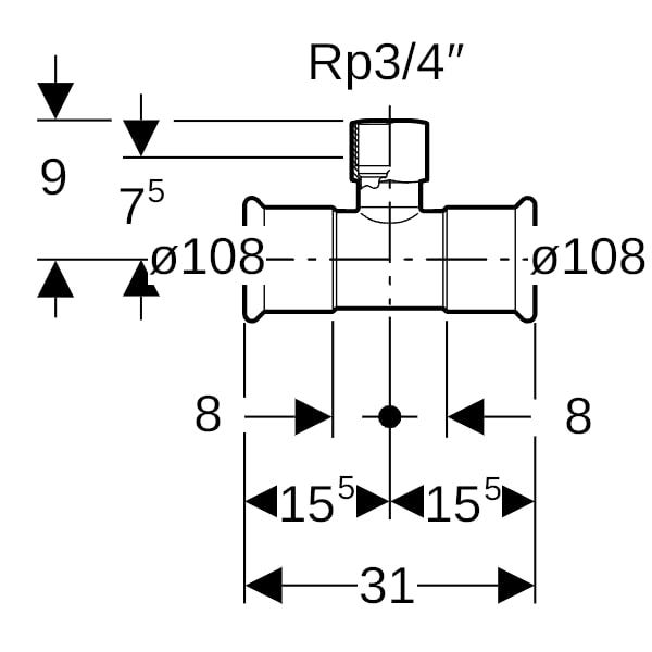 C-Stahl T-Stück mit Innengewinde und Pressmuffe, 90°