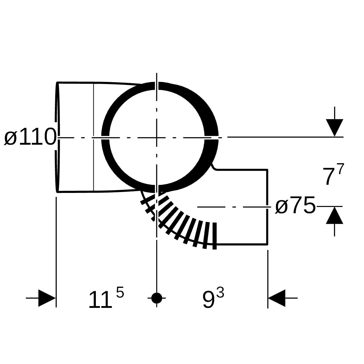 Geberit Silent-db20 Schachtbogenabzweig 88,5° links: d=110mm, d1=110mm, d2=75mm