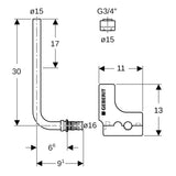 Geberit Mepla Metallrohr-Anschlussbogen 90° mit Dämmbox und Anschlussverschraubung für Eurokonus: Werkstoff=Messing / Kupfer, d=16mm, d1=15mm, L1=30cm, vernickelt