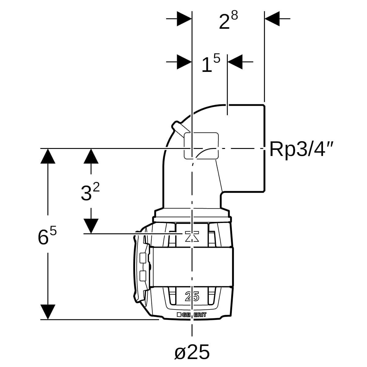 Geberit FlowFit Übergangsbogen 90° mit Innengewinde, Werkstoff bleifreier Rotguss (CuSn4Zn2PS)