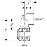 Geberit FlowFit Übergangsbogen 90° mit Innengewinde, Werkstoff bleifreier Rotguss (CuSn4Zn2PS)
